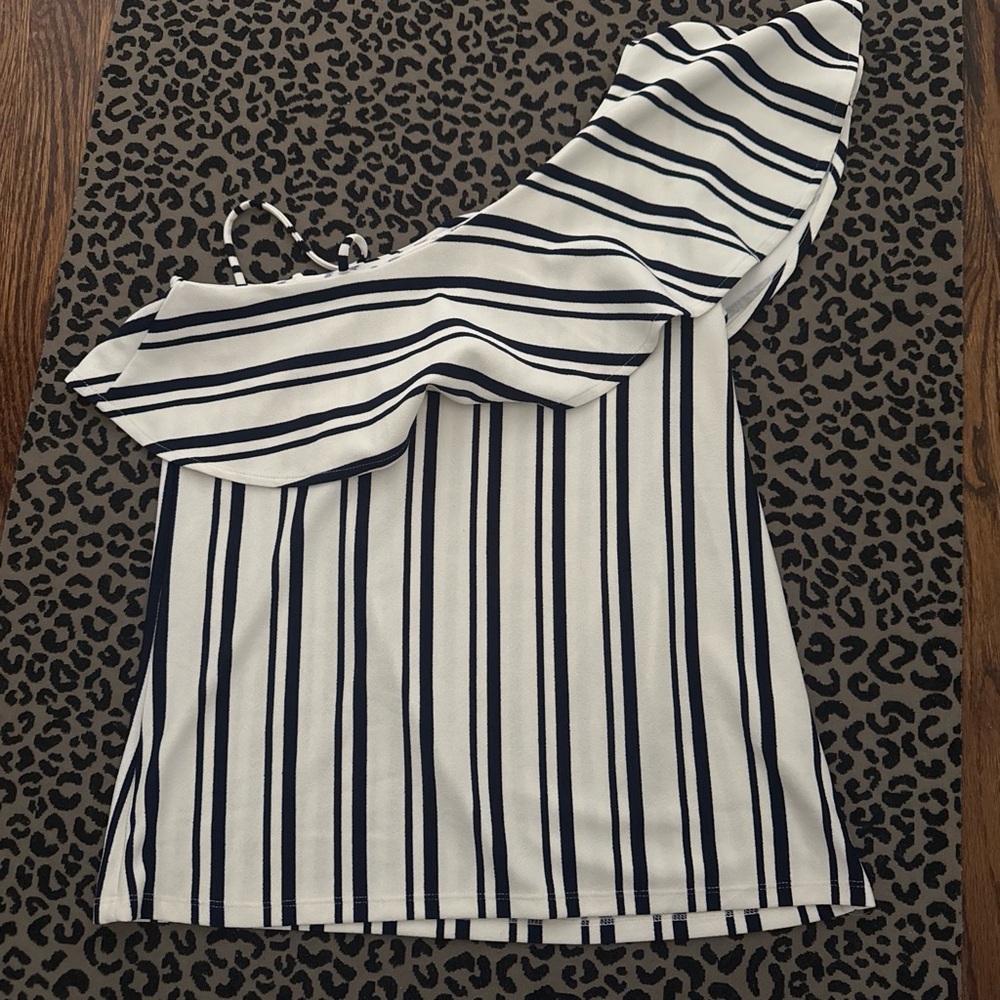 Banana Republic White and Navy Striped One-Shoulder Top